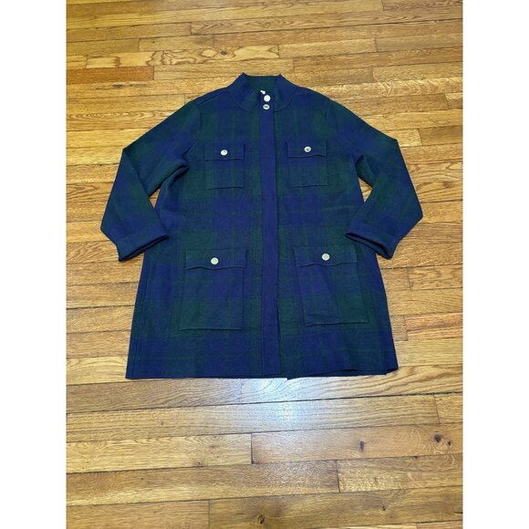Anne Klein Womens Jacket Sz Large Blue Green Plaid Full Zip Stretch Viscose Knit - Picture 1 of 8
